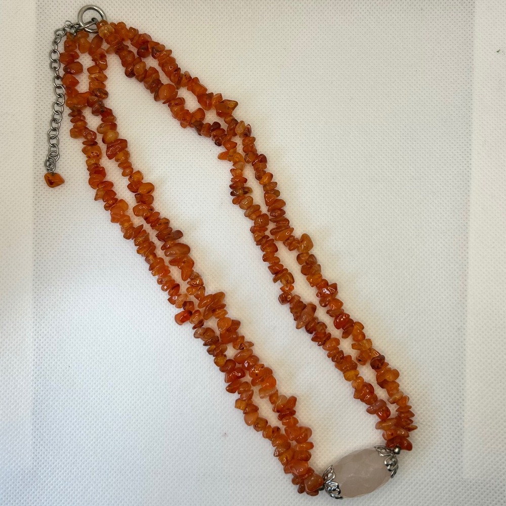 Carnelian Chip Bead Necklace Double Strand Rose Quartz‎ Focal Stone Boho Jewelry